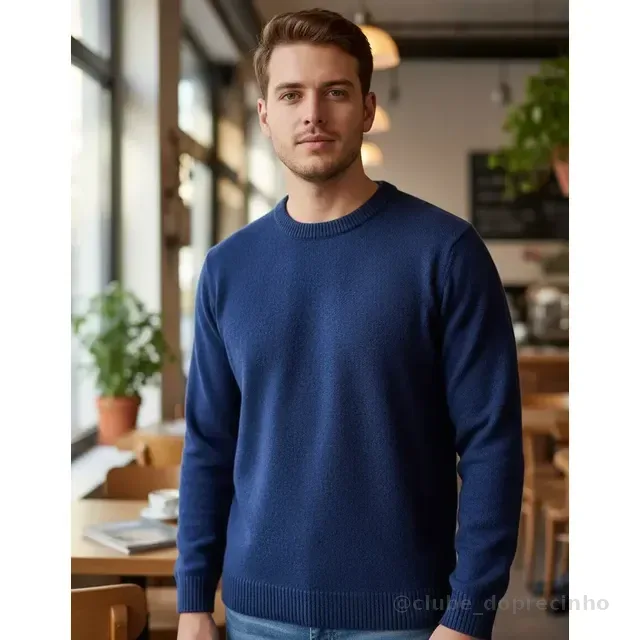 Blusa Tricô Masculina Lã Suéter Gola Careca Cardigan Inverno