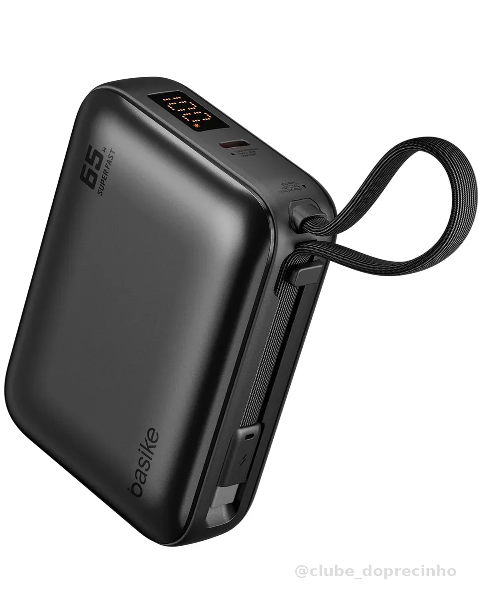 Basike Power Bank 65W, Carregador Portátil Universal 20000mAh (Cinza) | USB-C + Cabo Type-C Integrado e Removível, Carregamento Rápido PD/PPS para Samsung Séries S26-S21 e iPhone Séries 17-14