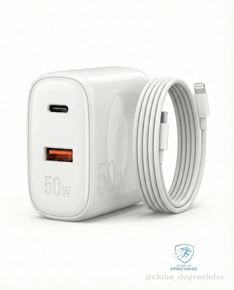 Carregador 50W + Cabo Compatível i.Phone, i.Phone X Xr 8 11 12 13 14 Plus Pro Max i.Pad, Carregamento Ultra Rapido, Fonte USB-C, Carga Rápida, Produto Homologado Anatel