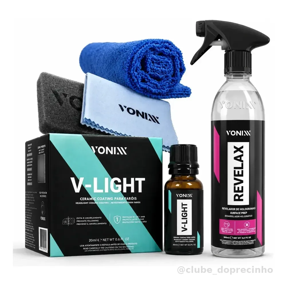 Vitrificador de Faróis Vonixx V-Light 20ml + Revelax Limpeza e Proteção