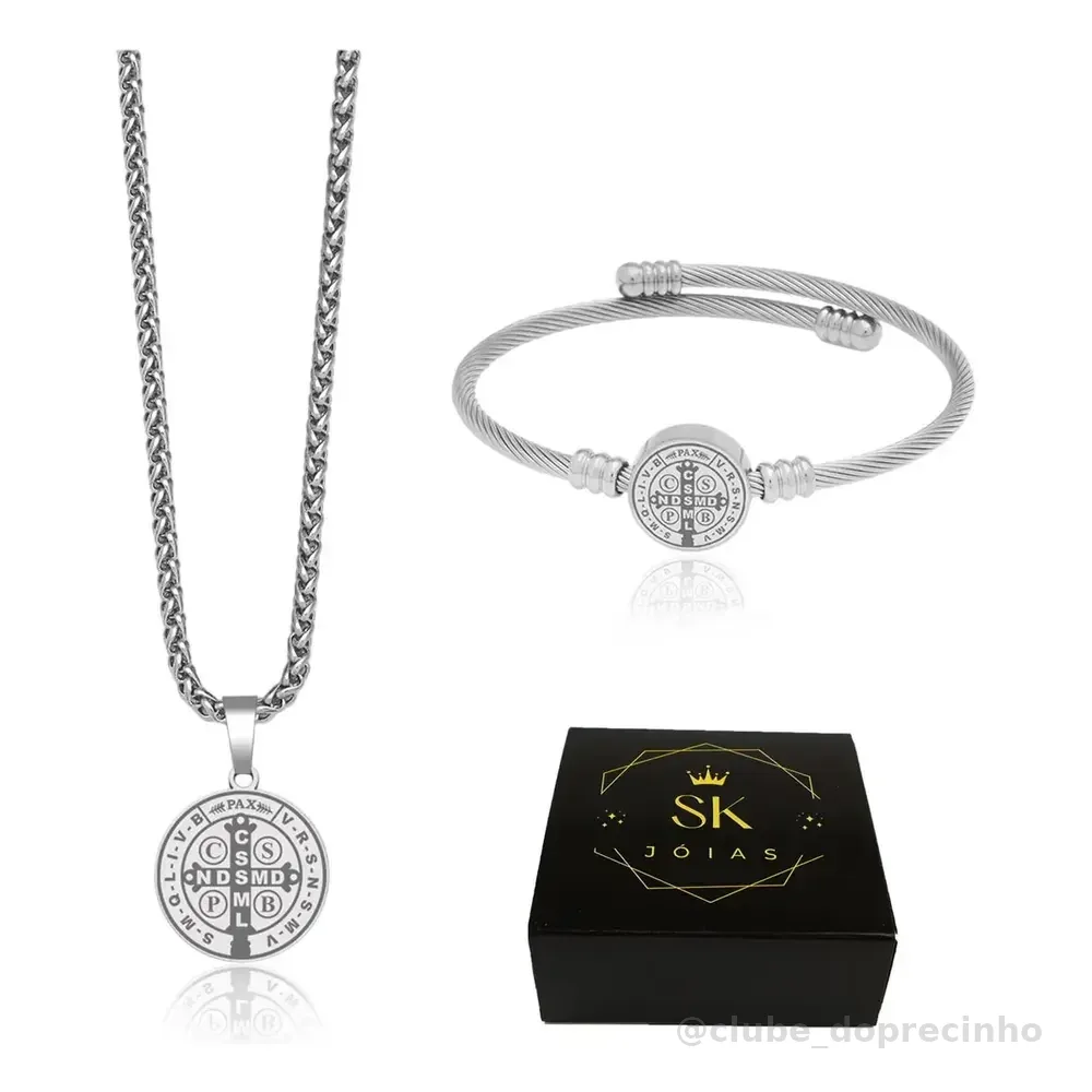 Colar + Pulseira São Bento Prata Aço Cirúrgico Anti Alergico Prata 60cm