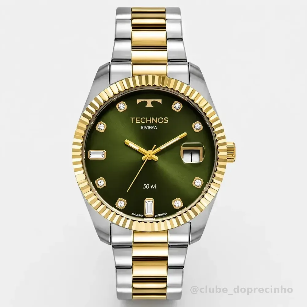 Relógio Technos Masculino Riviera Social Analógico Aço Cor da correia Misto Cor do bisel Dourado Cor do fundo Verde