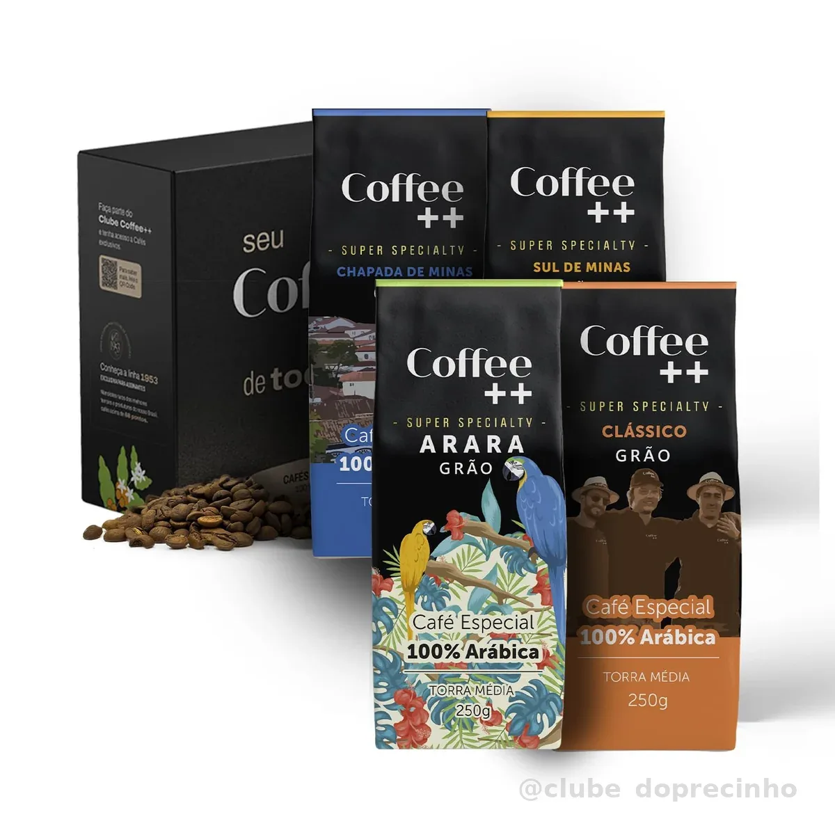 Kit 4 Cafés Especiais em Grãos Coffee++: Arara, Chapada de Minas, Cerrado Mineiro e Clássico - 250g cada