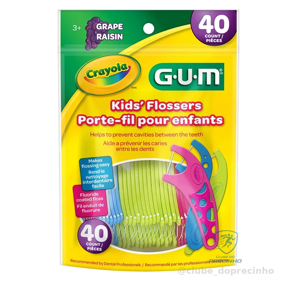Flosser GUM Crayola, Fio Dental Infantil com haste, Sabor Uva, 40 unid.