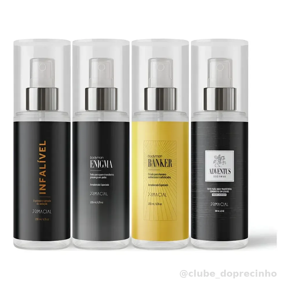 KIT BODY SPLASH MASCULINO INFALIVEL + ENIGMA + BANKER + ADVENTUS 200ML - PRIMACIAL PERFUME AMADEIRADO