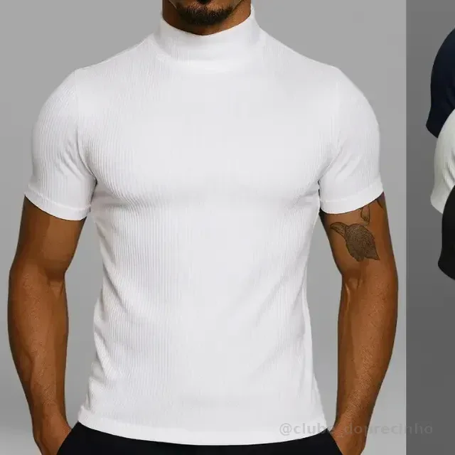 Kit 3 Camiseta Gola Alta Masculina Old Money Ribana Canelada