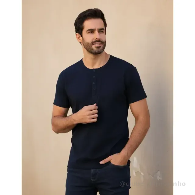 Camiseta Henley Masculina Anistia Fit Algodão Premium