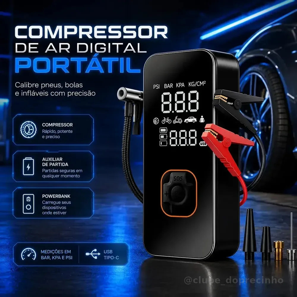 Bomba Elétrica Portátil Digital Para Encher Pneu De Carro Moto Bicicleta Inflador Automotivo Cor Preto