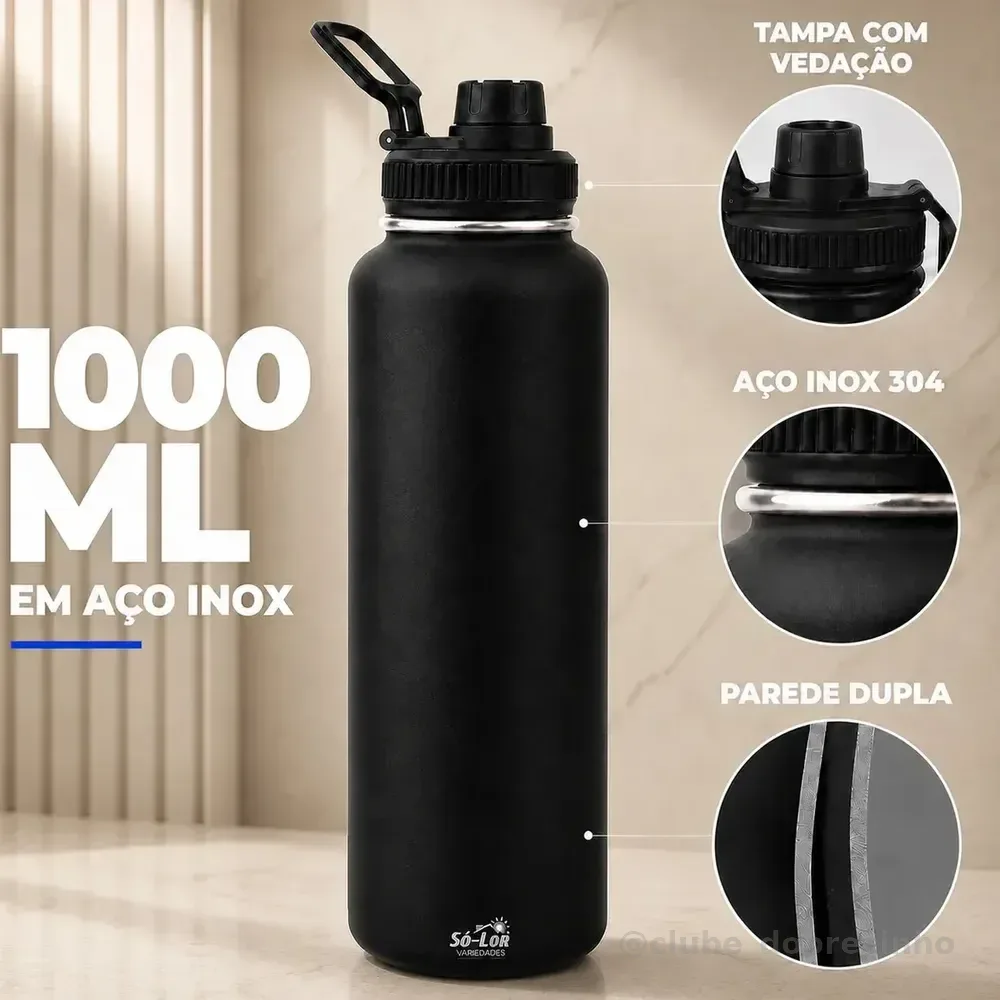 1000ml Garrafa Térmica Isolada A Vácuo Squeeze Aço Inox 304 para Água Gelada Esporte Academia com Alça e Bico Preto Sólar