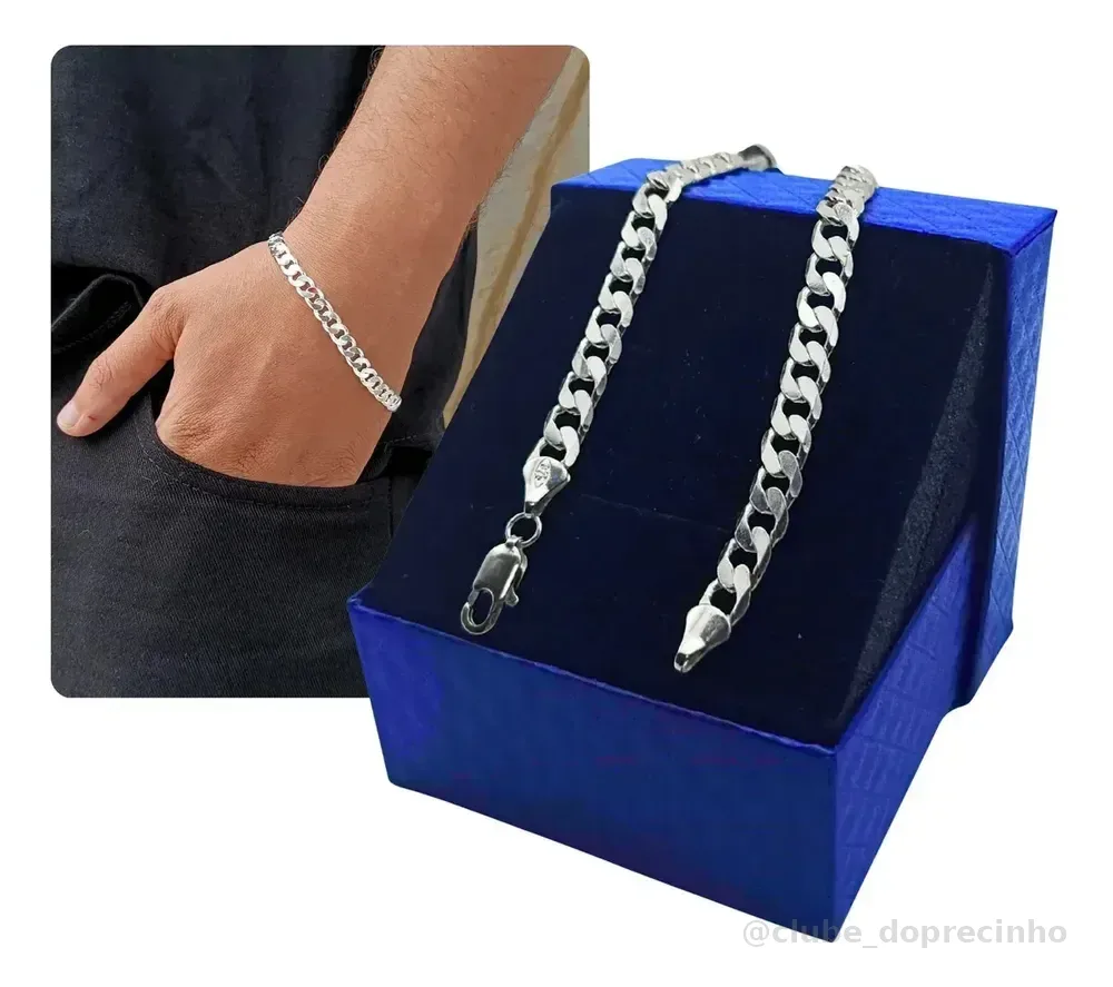 Pulseira Masculina Italiana Banho Prata 925 Escamado 7mm