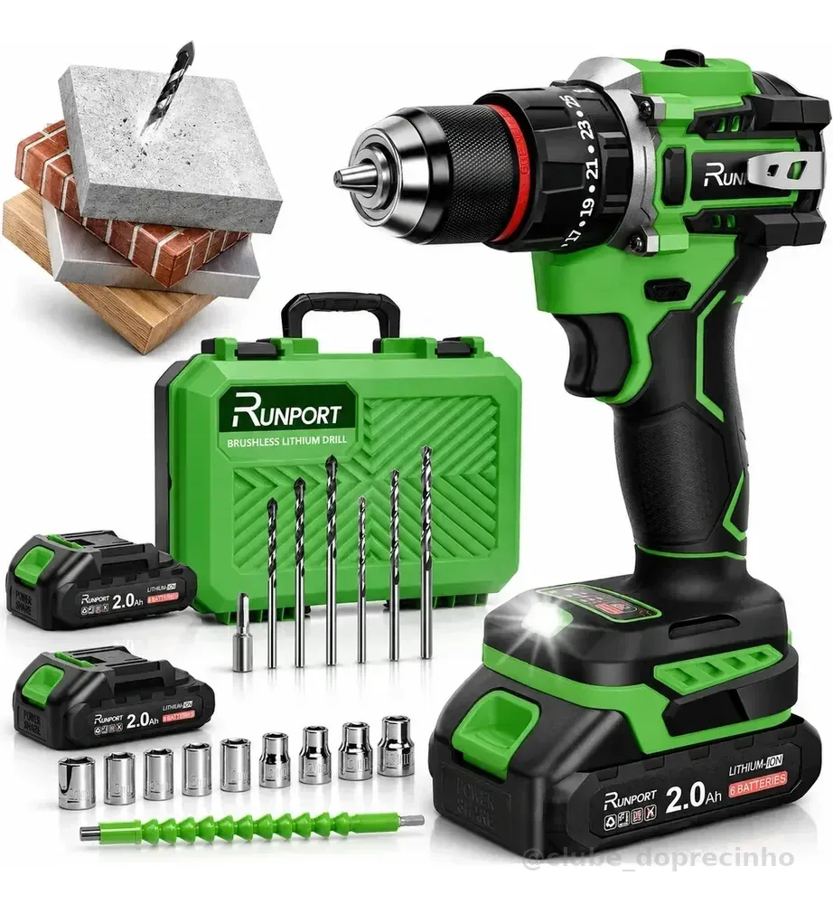 Furadeira Parafusadeira 21v Sem Escova Runport Kit C/2 2000mah Baterias Maleta E Acessórios Profissional 3 Em 1 Ferramentas (perfura Parafusa E Impacto) 50n.m 60hz Verde