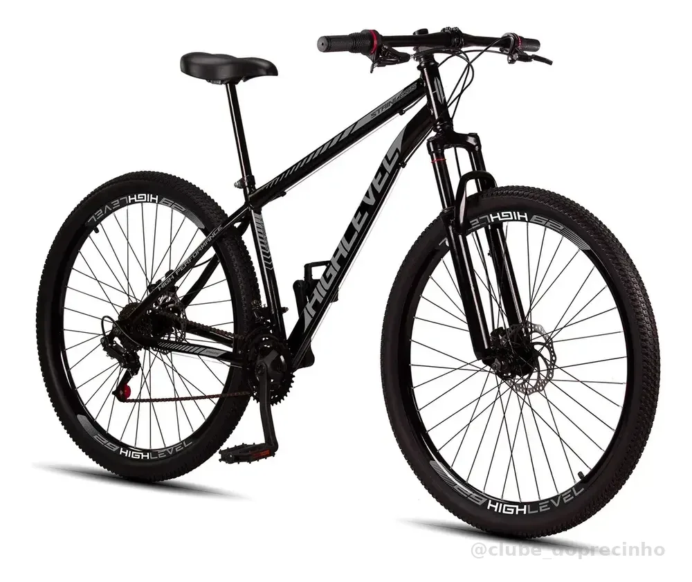 Bicicleta Aro 29 Highlevel Aço Carbono Freios Disco Suspensão 21v Cor Preto - Cinza