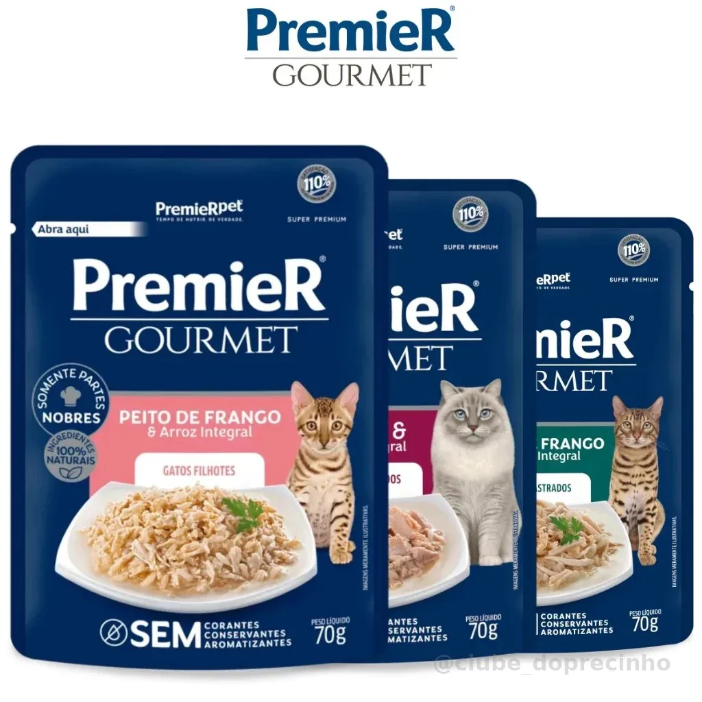 Kit 10 ou 20 Sachês Premier Gourmet Gatos Castrados Atum, Peito de Frango, Carne e Filhotes