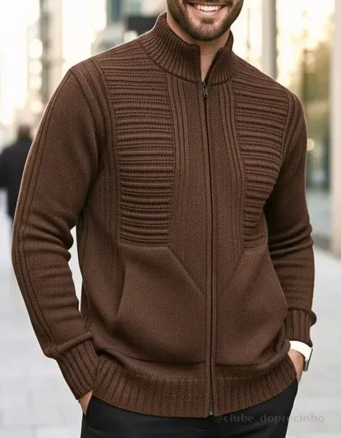 Jaqueta Masculina Preta Lã Tricot Inverno Com Bolso E Zíper