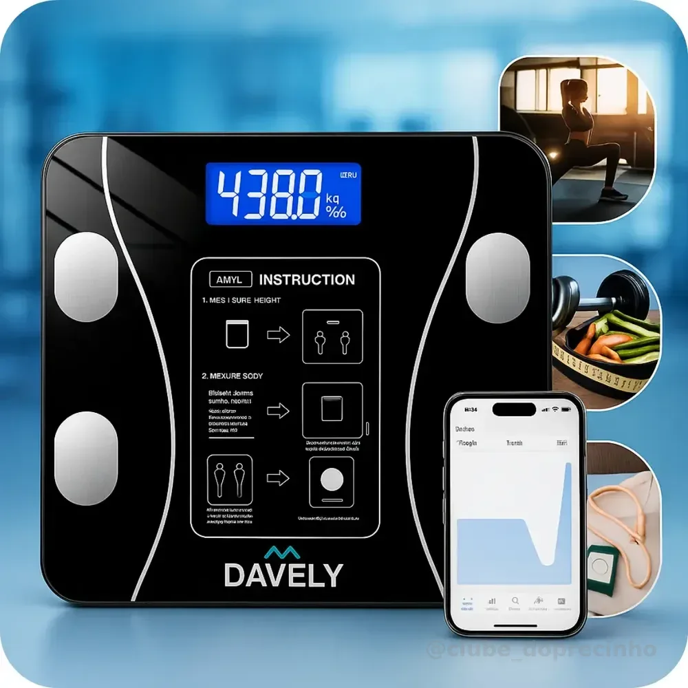 Balança Digital Corporal Bioimpedância Davely Bluetooth para Android e iOS Vidro Temperado Alta Capacidade Balança De Banheiro Academia