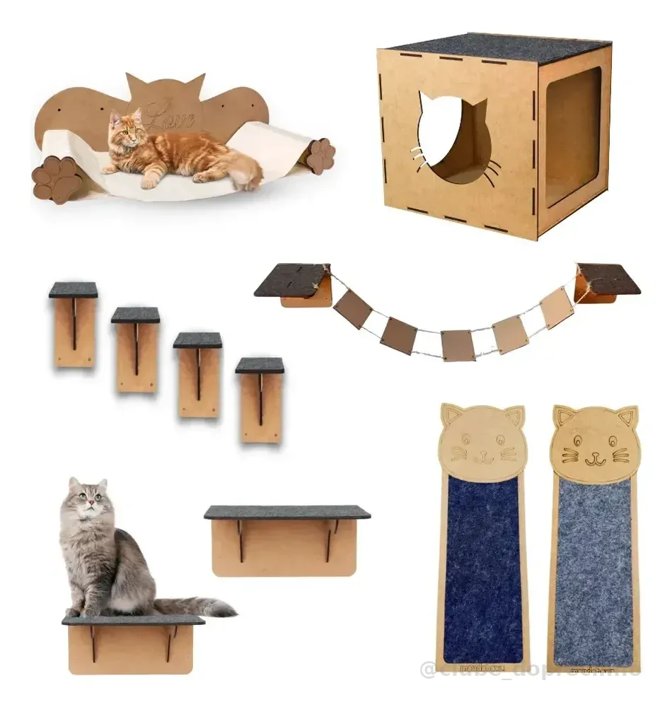 Kit Playground Com Arranhador P/ Gato 11 Peças MDF Cinza Box Fan