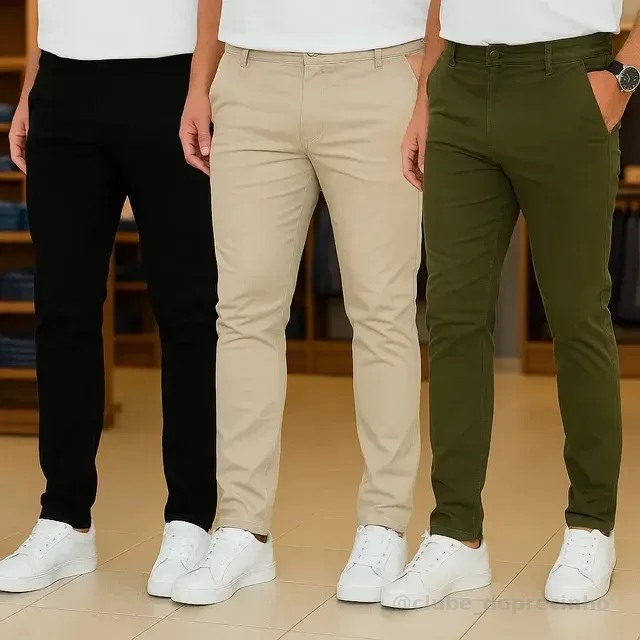 Kit 3 Calças Masculinas Social Alfaiataria Sarja Lycra Chino