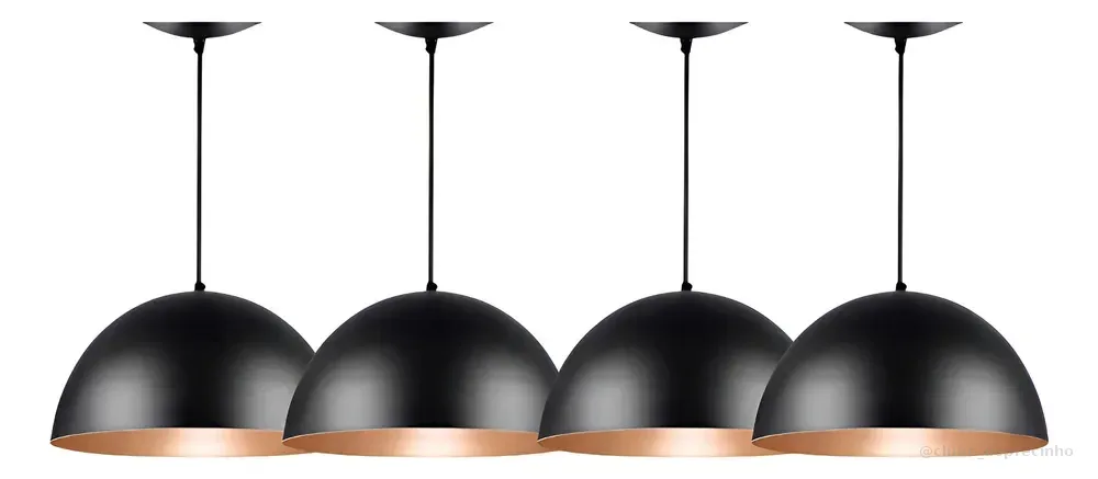 Lustre Pendentes Luminaria Kit4 Meia Lua 40cm Bivolt Cozinha 127/220v Preto Com Cobre