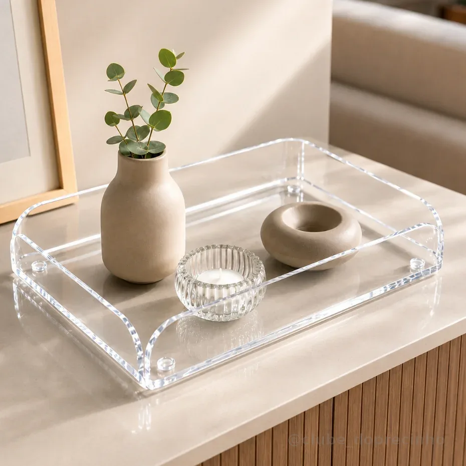 Bandeja Acrílico Transparente Luxo Organizador Multiuso Decoração Cozinha Sala Café Clean Moderna