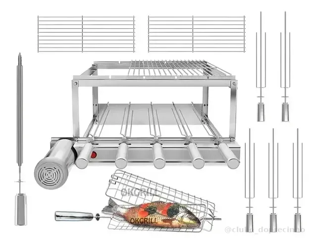 Gira Grill Inox 5 Espetos + Grelhas + Brinde
