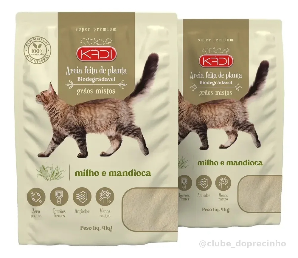 Kit 2un Areia Higiênica Kadi Gatos Grãos Mistos 4kg + Brinde