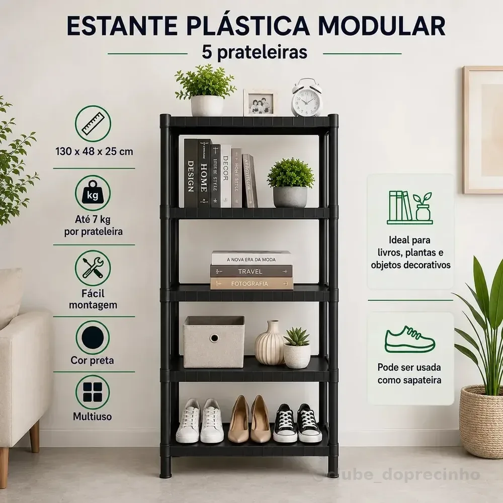 Estante Plastica Modular 5 Prateleiras Multiuso Organizadora Preta - Marianopole