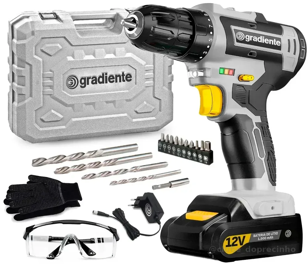 Parafusadeira Furadeira Sem Fio Gradiente Gpb12v-ac 3/8 12v Bivolt Para Madeira Metal Com Maleta E Acessórios