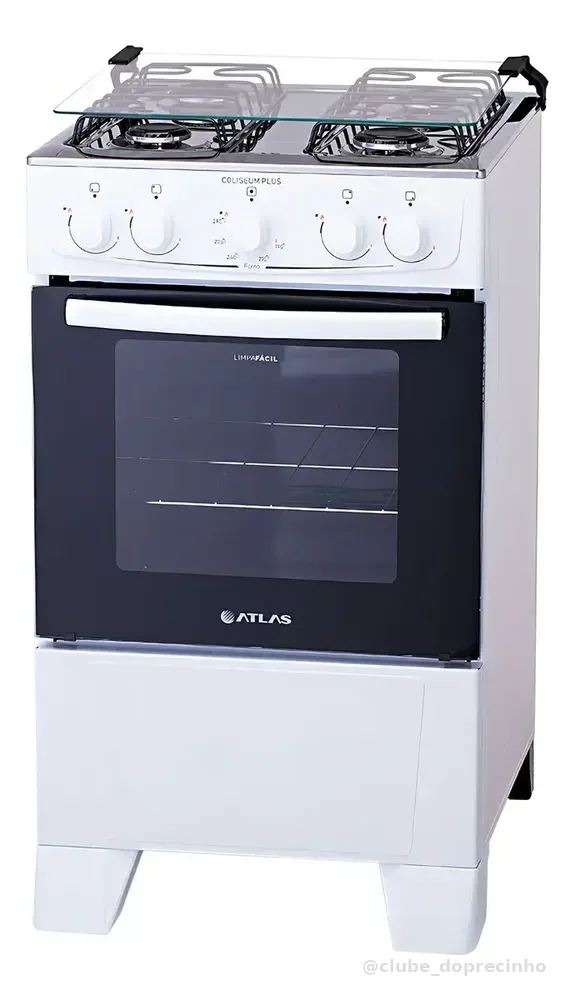 Fogão de chão Atlas Coliseum Plus A Gás 4 queimadores Branco com Mesa de Inox Porta com visor e Forno de 50 Litros