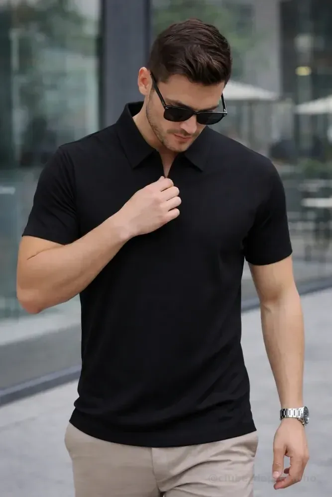 Camisa Polo Zíper Masculina Slim Fit Tecnológica Preto Lisa P