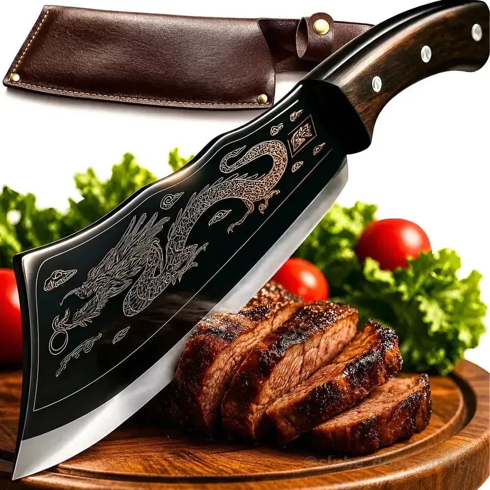 Faca Cutelo Dragão Artesanal Luxo Full Tang Rústica Ultra Afiada Aço Inox Com Bainha Churrasco Pesca Cozinha Carne Sushiman Cutelaria Coleção 12 Polegadas