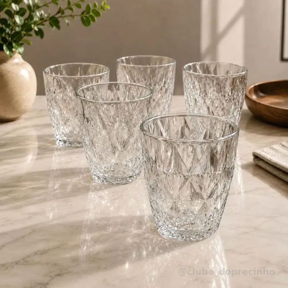 Jogo 6 Copos Baixos Diamond 300ml Vidro Resistente Diamante Transparente