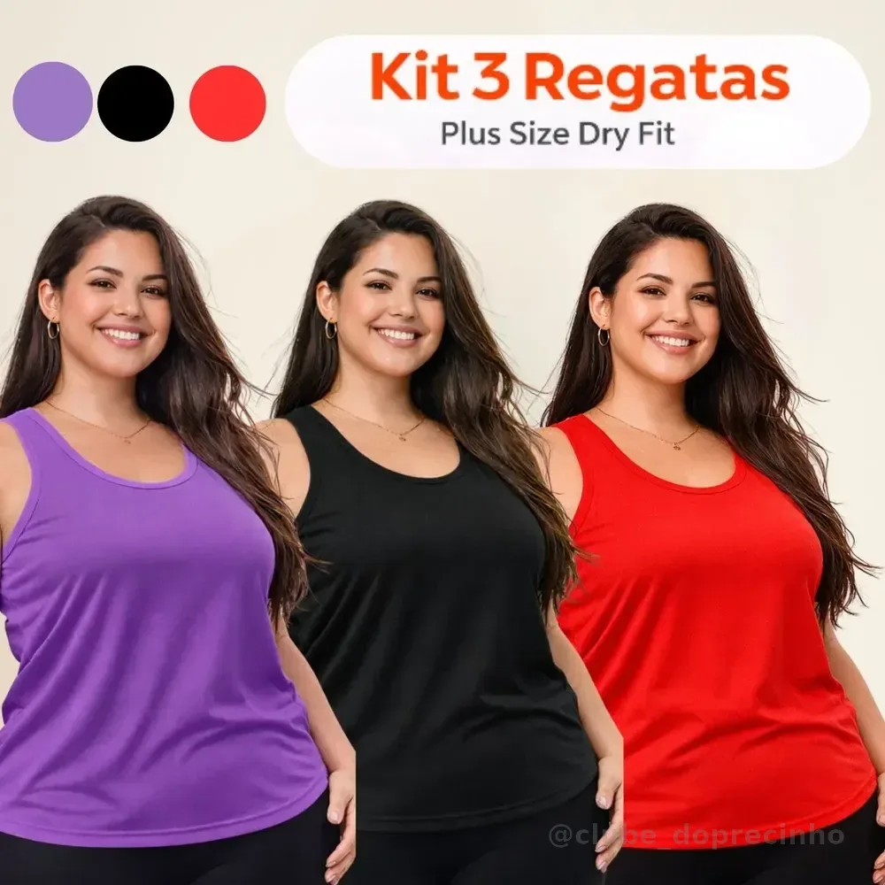 Kit 3 Regatas Plus Size Feminina Academia Treino Básica Kit 3 Lilás/preto/vermelho Liso G1