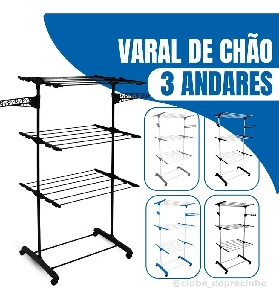 Varal de Chão Epsilon 3 Andares Dobrável com Rodas