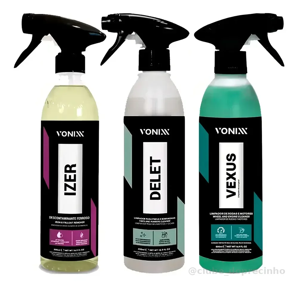 Kit Limpeza Concentrada Vonixx Vexus 500ml Motores + Izer 500ml Descontaminante Ferroso + Delet 500ml Pneus Faróis