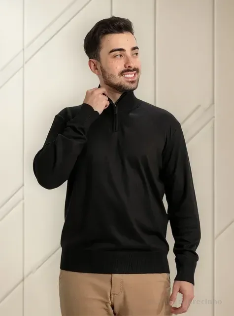 Suéter Masculino Anistia Malha Tricot Gola Alta Meio Zíper