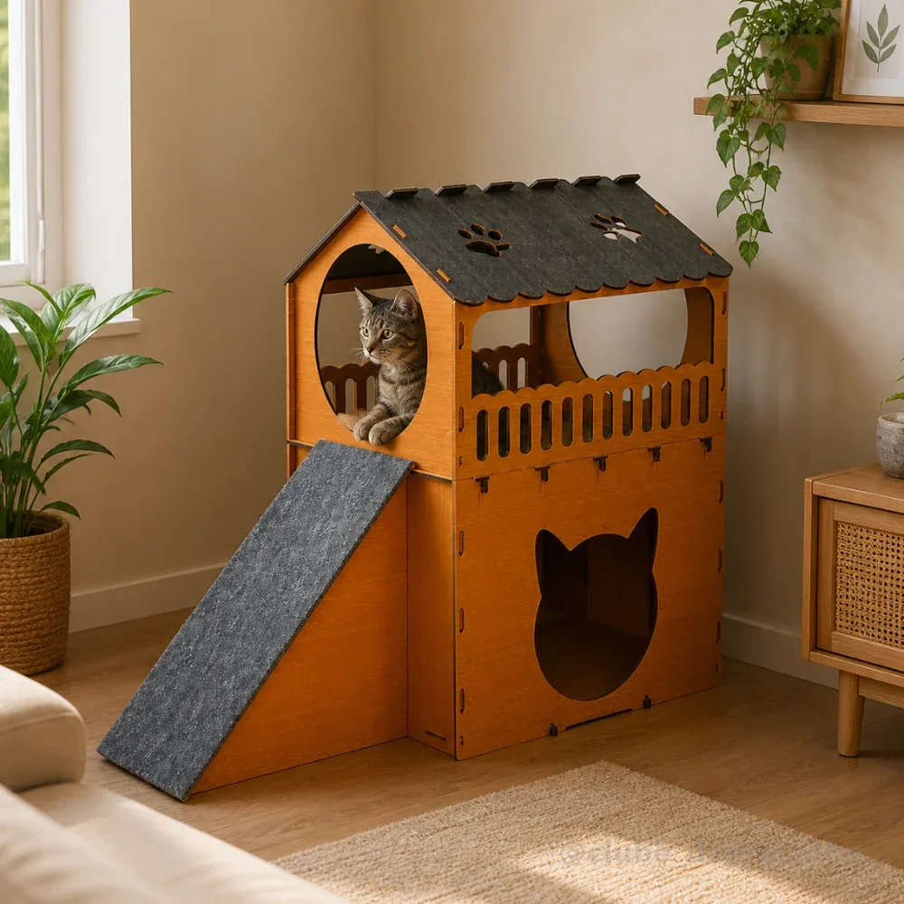 Arranhador Toca Casinha para Gatos Rampa Antiestresse Playground Casa de Gato 2 Andares Mdf Caramelo