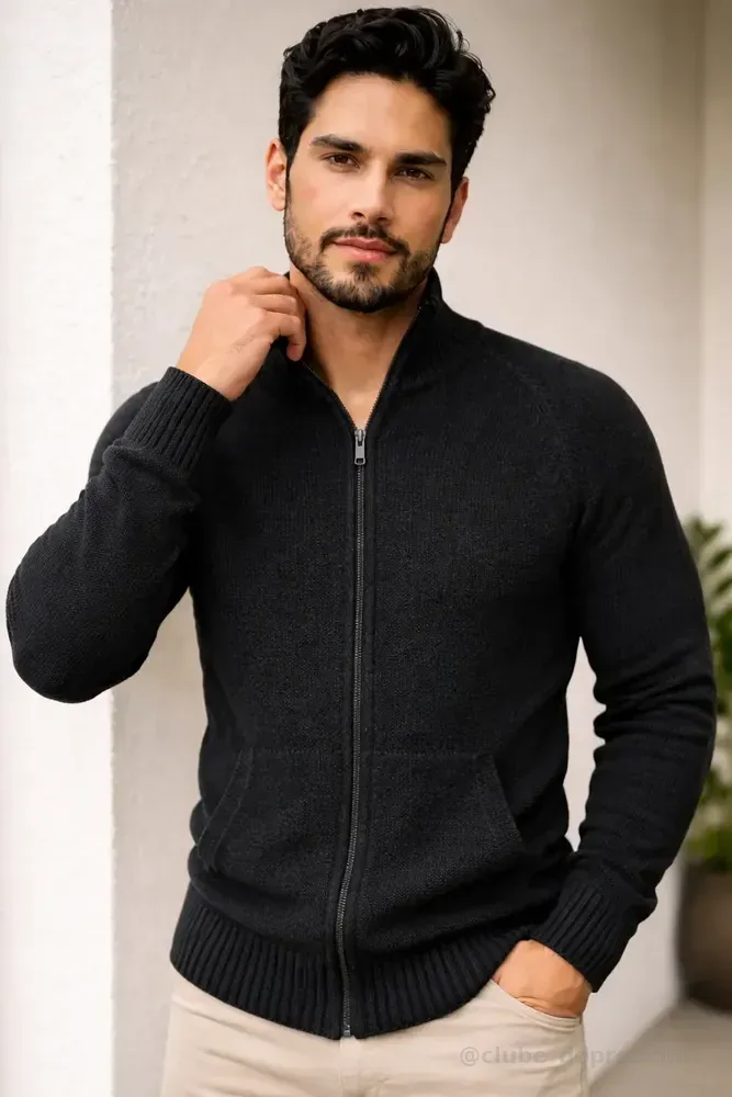 Jaqueta Tricô Suéter Masculina Gola Alta Inverno Com Ziper Preto G