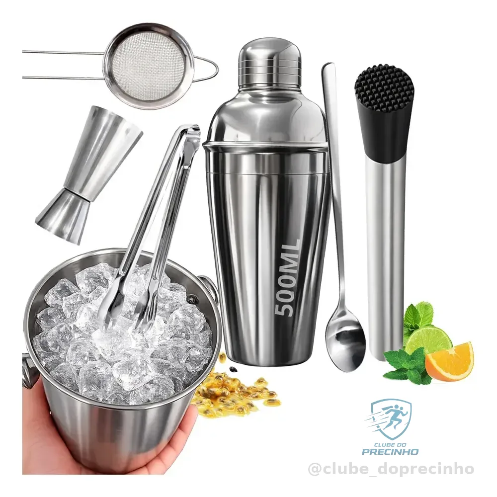 Kit Caipirinha Profissional 7 Peças Inox Coqueteleira 500 Ml