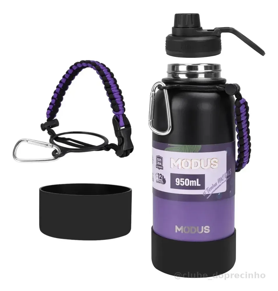 Garrafa Térmica 950ml Aço Inox 304 Com Alça Paracord Preta Para Academia E Esportes-j578