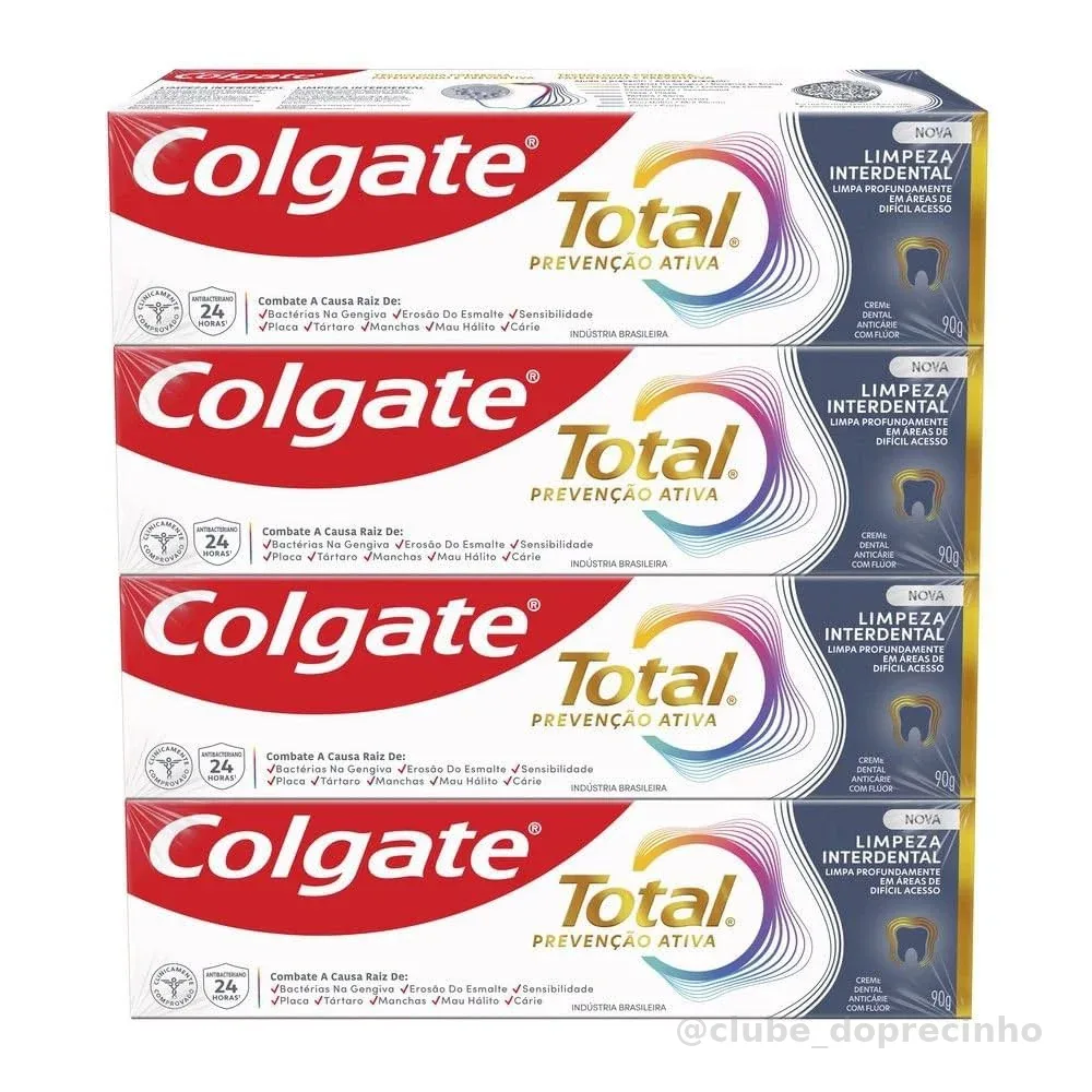 Colgate Total Creme Dental Limpeza Interdental, Prevenção Ativa, 4 Unidades de 90g Cada