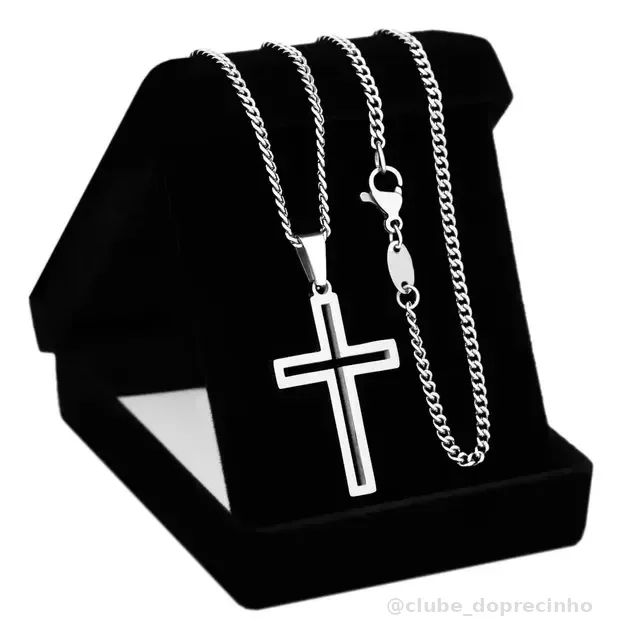 Corrente Cordão Masculina Aço Inox J-1160 Pingente Crucifixo
