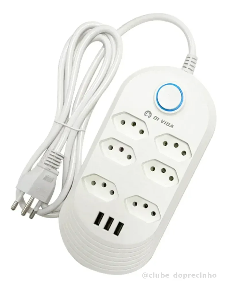 Extensão Elétrica 6 Tomadas Régua Bivolt C/ 3 Usb Cabo 2m Branco 110v-220v