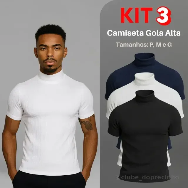 Kit 3 Camiseta Gola Alta Masculina Old Money Ribana Canelada