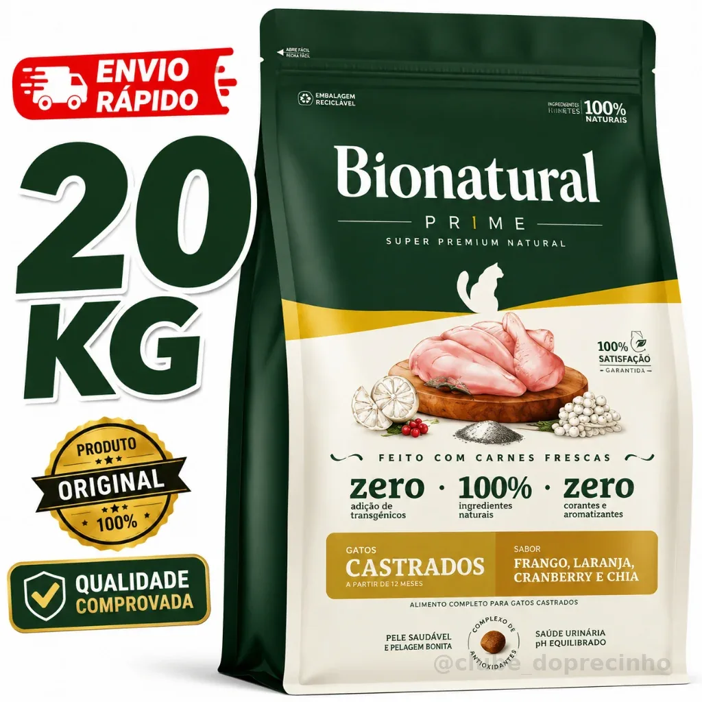 Ração Bionatural Prime Super Premium Gatos Castrados 20kg Frango Original Envio Rápido