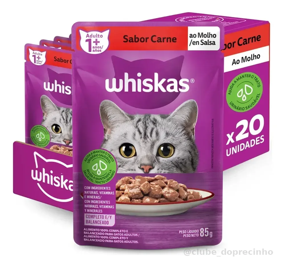 Ração Úmida Whiskas Sachê Gato Adulto Carne Ao Molho 85g 20 Unidades