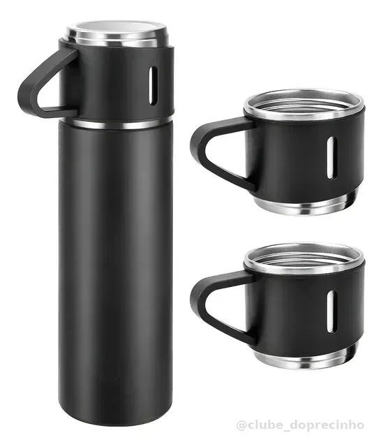 500ml Caneca Kit Garrafa Térmica Vacuum Bottle Inox + 3 Xíca