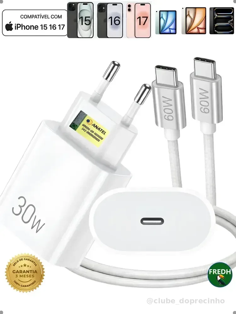 Carregador Turbo 30w Fonte Compatível Iphone Apple 15 16 17 Pro Max Cabo de 1 Metro Trancado Super Rápido Premium Fredh