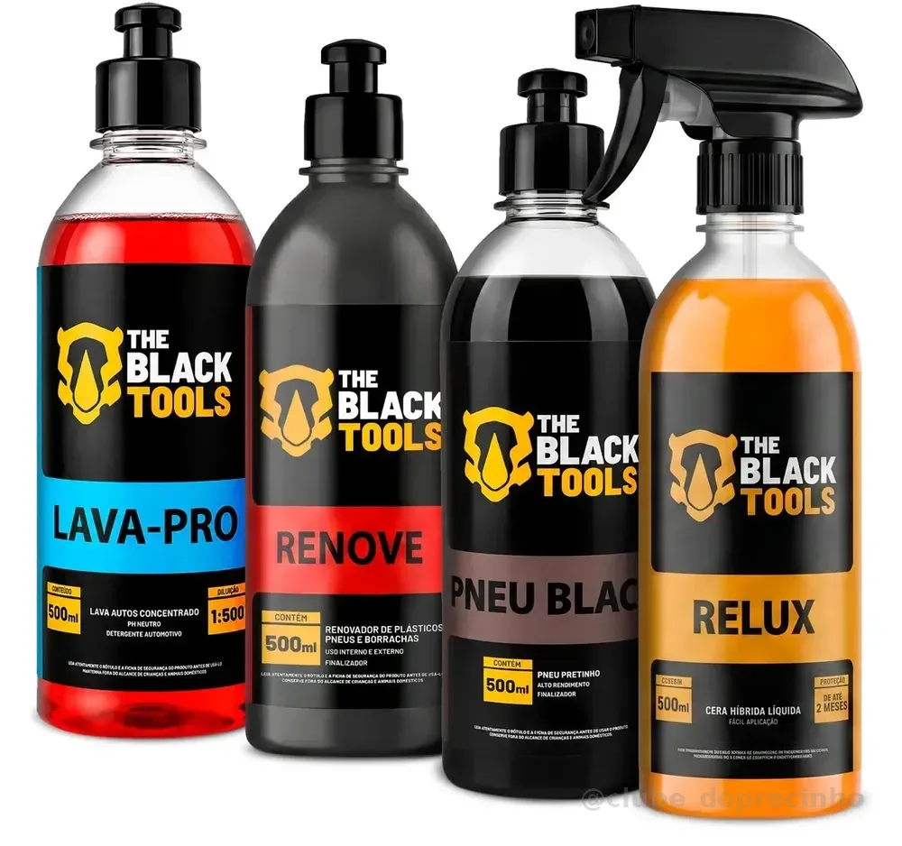Kit Lavagem Shampoo Cera Automotiva Carro Moto Rapido Relux Renove Pneu Black Lava-pro Profissional The Black Tools