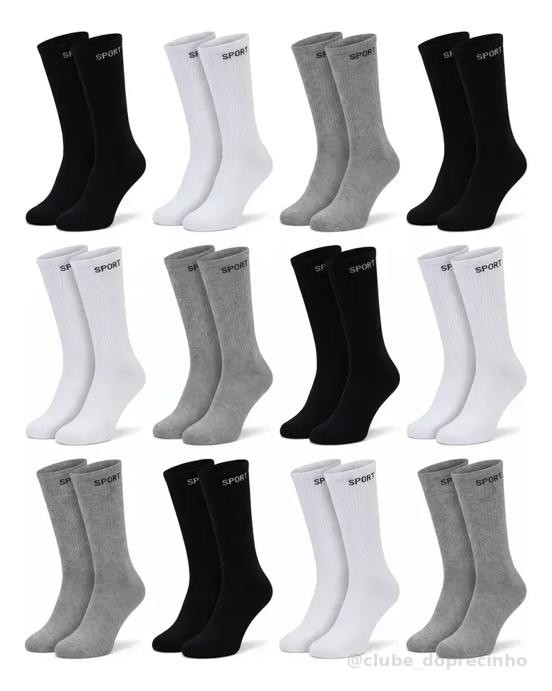 12 Pares De Meias Masculinas Cano Alto Grossa Algodão Oferta Sortida Liso Un