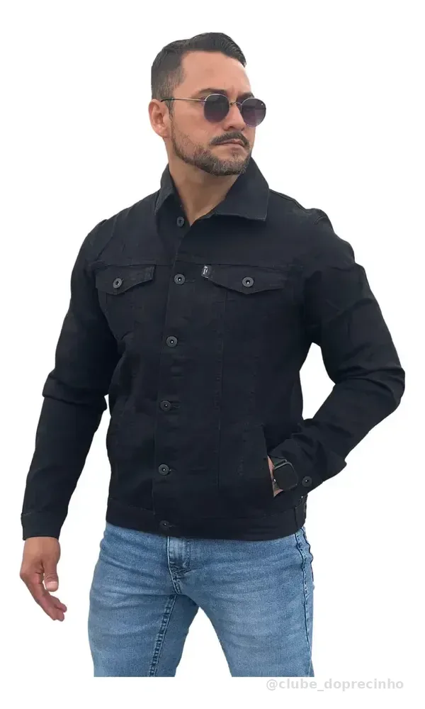 Jaqueta Jeans Masculina Sarja Bolsos Funcionais Resistente Preto P